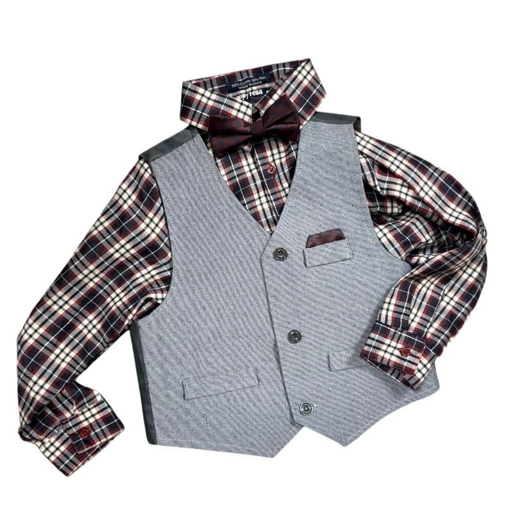 NWT Youth Boys Happy Fella Burgundy & Plaid Shirt with Bow Tie and Vest - Sz 6
